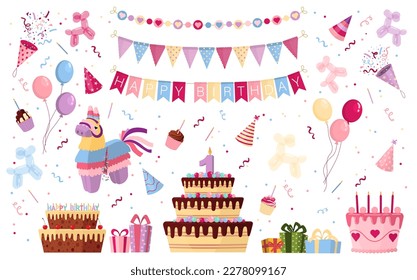 Cartoon birthday party set icon. Sweet celebration cupcakes, colorful balloons and birthday gifts signs set