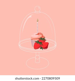 Cartoon birthday pink cupcake with strawberry and candle on white empty stand for celebration design. Colorful cartoon vector illustration. Sweet holiday food.