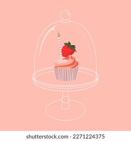 Cartoon birthday pink cupcake with strawberry and candle on white empty stand for celebration design. Colorful cartoon vector illustration. Sweet holiday food.