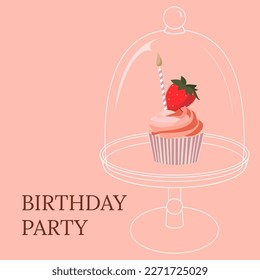 Cartoon birthday pink cupcake with strawberry and candle on white empty stand for celebration design. Colorful cartoon vector illustration for social media. Sweet holiday food.