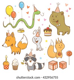 Cartoon birthday set. Funny forest animals. Cute fox, bear, hare, raccoon, snake and squirrel. Children's illustration. Vector image.
