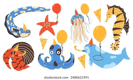 Cartoon birthday set with sea animals. Cute baby marine characters. Octopus, starfish, electric eel, hermit crab. 