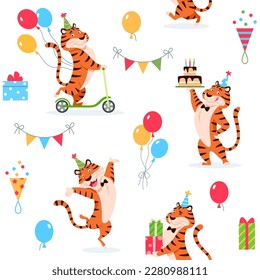 Cartoon Birthday tigers seamless pattern on white background. Cute wild cat print for kids decoration design. Colorful beautiful wrapping paper textile fabric repeat tile. Creative vector illustration