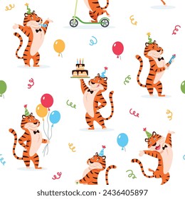 Cartoon Birthday tigers seamless pattern. Cute wild cat with balloons, cake, confetti print for kids decoration design. Colorful beautiful wrapping paper repeat tile. Creative vector illustration.