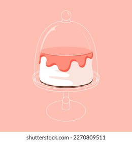 Cartoon birthday white and pink cake on empty stand for celebration design. Colorful cartoon vector illustration. Sweet holiday food.