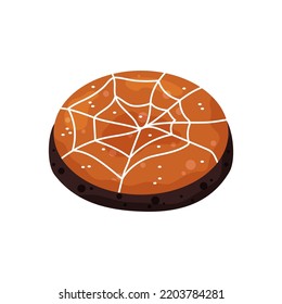 Cartoon biscuit cookies with spiderweb pattern. Festive baking for Halloween. Chocolate gingerbread. Sweet handmade food. Flat vector illustration isolated on white background