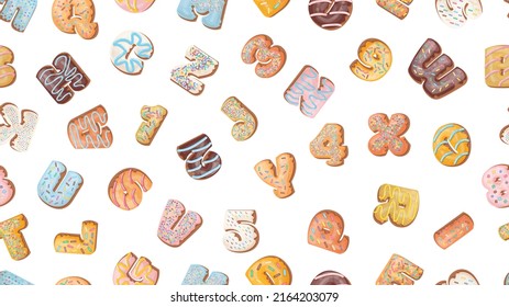 Cartoon biscuit letters seamless pattern. Glazed letter abc and numbers, sweet bakery elements, donuts and cookies. Vector dessert background