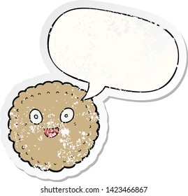 cartoon biscuit with speech bubble distressed distressed old sticker
