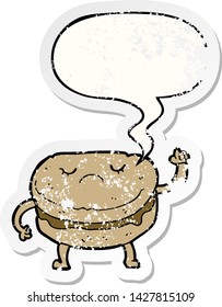 bizcocho de dibujos animados con una burbuja de habla angustiada pegatina vieja