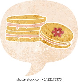 bizcocho de dibujos animados con burbuja de habla en un estilo retro angustiado con textura grunge