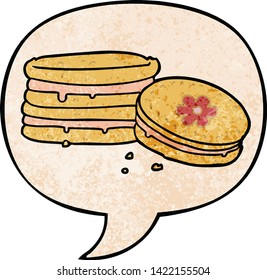 cartoon biscuit with speech bubble in retro texture style