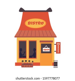 Cartoon bistro building front with open sign - fast food street restaurant facade isolated on white background. Exterior of cute small cafe, flat vector illustration.