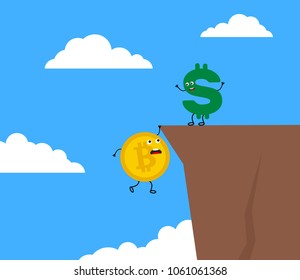 cartoon bitcoin character hanging on cliff and dollar standing on top