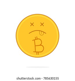 Cartoon bitcoin coin character is dead. Vector image isolated on white background.