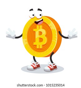 Cartoon bitcoin in sneakers smiling on white background