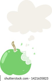 cartoon bitten apple with thought bubble in retro style