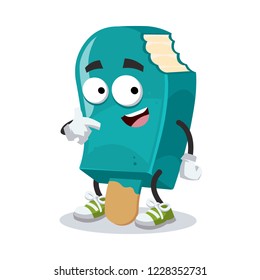 cartoon bitten blue ice cream on a stick mascot showing himself on a white background