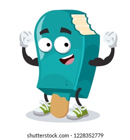 cartoon bitten blue ice cream on a stick mascot shows its strength on a white background