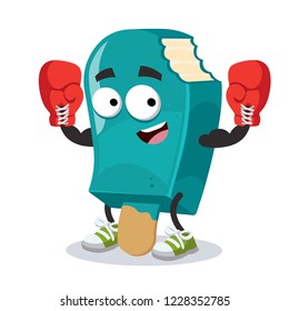 cartoon bitten blue ice cream on a stick mascot in red boxing gloves on white background