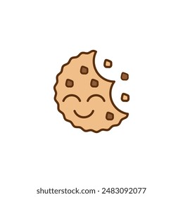 Cartoon bitten cookie icon with a face and a funny cute smile. Biscuit and cracker symbol with crumbs. Colored vector illustration on white background.