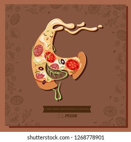 Cartoon bitten pizza character slice. Cute pizza in love.I am your unstoppable passion. Concept, element, emblem, icon for St. Valentine's Day for pizzerias, cafes, restaurants.  Vector illustration.