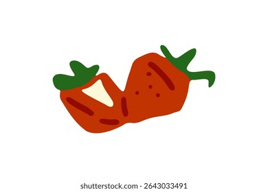 Cartoon Bitten Strawberry Fruit Icon. Two red cartoon strawberries with green leaves, one of them bitten. Flat minimal style, bold colors, isolated on white background.