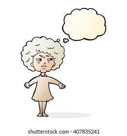 cartoon bitter old woman with thought bubble