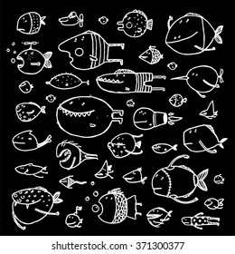 Cartoon Bizarre Fish Collection for Children White on Black Hand Drawn Outline. Funny queer fish children design illustrations set. Pencil drawing sketchy style. EPS10 vector has no background color.