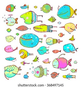 Cartoon Bizarre Fish Collection for Kids Hand Drawn  Fun cartoon hand drawn queer fish for children design illustrations set  Pencil style  EPS10 vector has no background color 