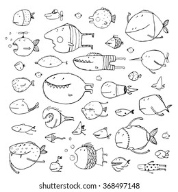 Cartoon Bizarre Fish Collection for Kids Hand Drawn Black Outline  Fun cartoon hand drawn queer fish for children design illustrations set  Pencil sketch style  EPS10 vector has no background color 