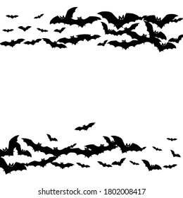 Cartoon black bats flock isolated on white vector Halloween background. Flying fox night creatures illustration. Silhouettes of flying bats traditional Halloween symbols on white.