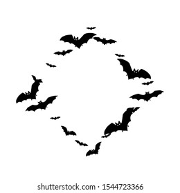 Cartoon black bats group isolated on white vector Halloween background. Rearmouse night creatures illustration. Silhouettes of flying bats vampire Halloween symbols on white.