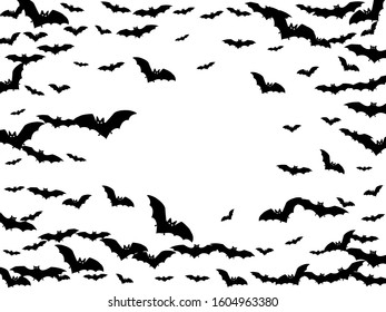 Cartoon black bats group isolated on white vector Halloween background. Rearmouse night creatures illustration. Silhouettes of flying bats vampire Halloween symbols on white.