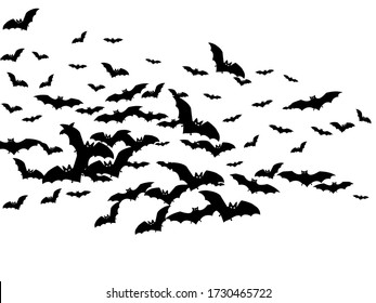 Cartoon black bats group isolated on white vector Halloween background. Flittermouse night creatures illustration. Silhouettes of flying bats vampire Halloween symbols on white.