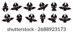 Cartoon black bats. Isolated bat characters various emotions and poses. Halloween funny flying monsters. Curiously angry crazy racy animal, vector clipart