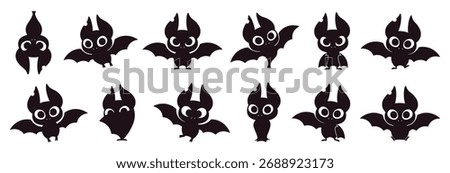 Cartoon black bats. Isolated bat characters various emotions and poses. Halloween funny flying monsters. Curiously angry crazy racy animal, vector clipart