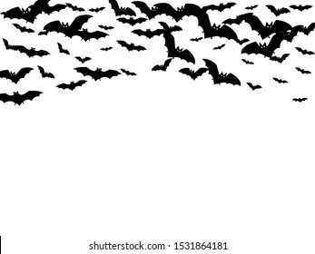 Cartoon black bats swarm isolated on white vector Halloween background. Flying fox night creatures illustration. Silhouettes of flying bats vampire Halloween symbols on white.
