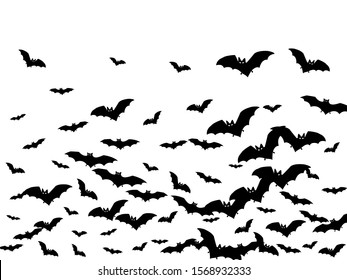 Cartoon black bats swarm isolated on white vector Halloween background. Rearmouse night creatures illustration. Silhouettes of flying bats traditional Halloween symbols on white.