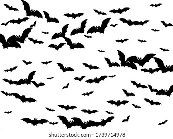 Cartoon black bats swarm isolated on white vector Halloween background. Flying fox night creatures illustration. Silhouettes of flying bats vampire Halloween symbols on white.