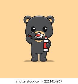 Cartoon Black Bear Brushing His Teeth