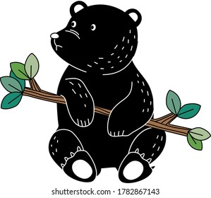 Cartoon of Black bear climbs up to the branch. Simple cute hand draw line vector and minimal icons flat style character illustration.
