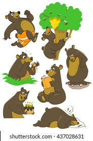 Cartoon black bear friendly funny different activities running reading climbing sleeping vector illustration set