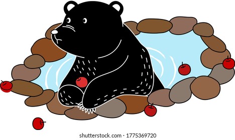 Cartoon of black bear is laying in the pond and eat apple. Simple cute hand draw line vector and minimal icons flat style character illustration.
