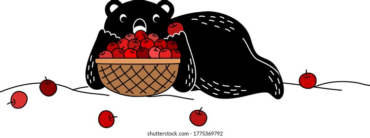 Cartoon of black bear lays down on the ground and pick up apple in the basket. Simple cute hand draw line vector and minimal icons flat style character illustration.
