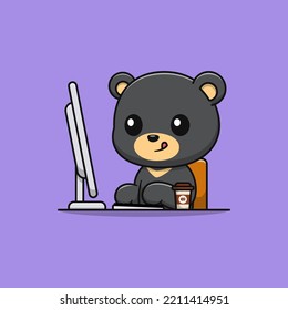 Cartoon black bear playing computer