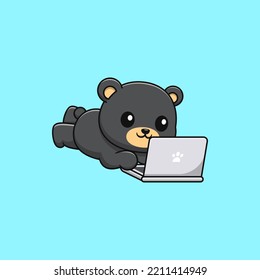 Cartoon black bear playing laptop while lying down