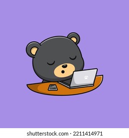 Cartoon black bear sleeping in front of the laptop