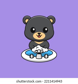 Cartoon black bear washing hands in the sink