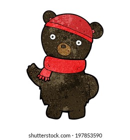 cartoon black bear in winter hat and scarf