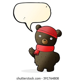 caricatura de oso negro con sombrero de invierno y bufanda con burbuja de habla